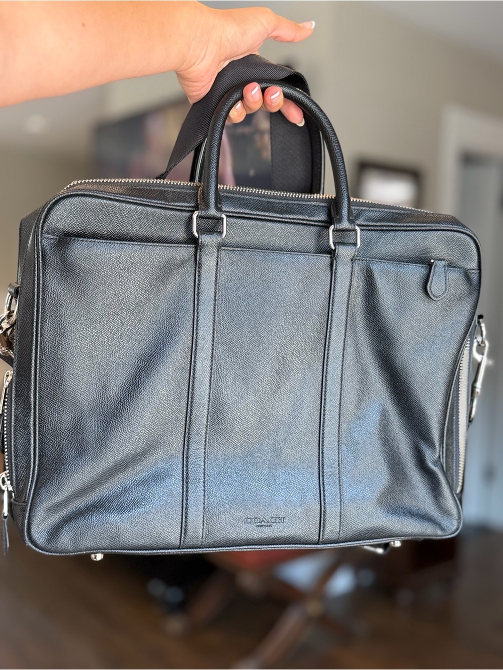Coach Black Leather Men’s Briefcase with Silver Hardware